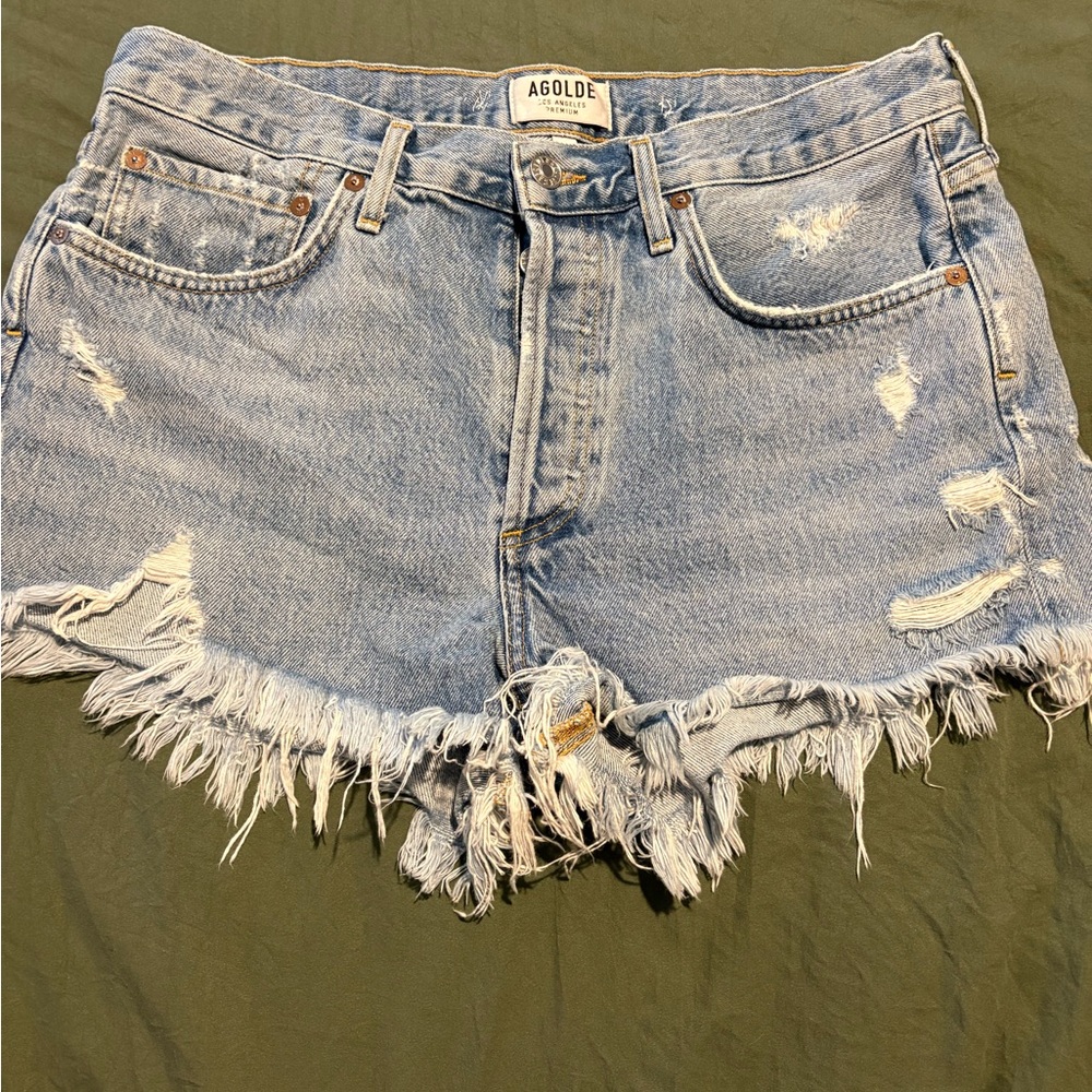 Agolde Frayed Hem Jean Shorts - Light Blue